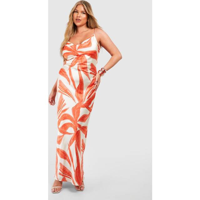 Womens Plus Leave Printed Satin Maxi Dress - Orange - 28, Orange
