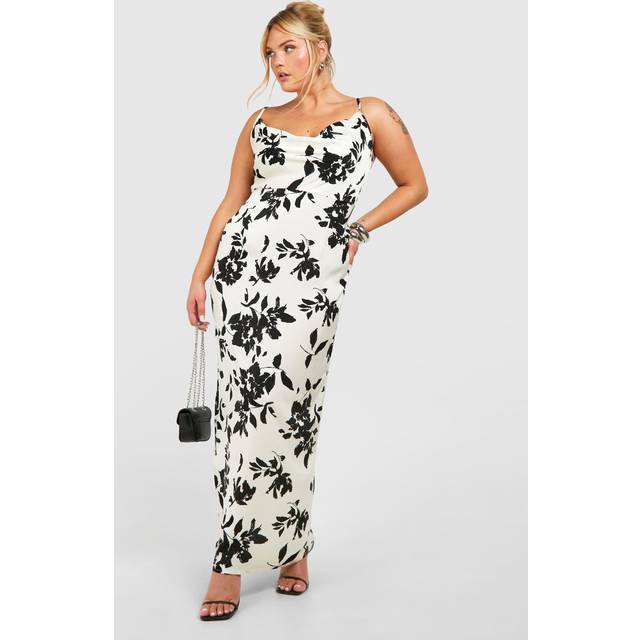 Womens Plus Floral Printed Maxi Slip Dress - Black - 16, Black