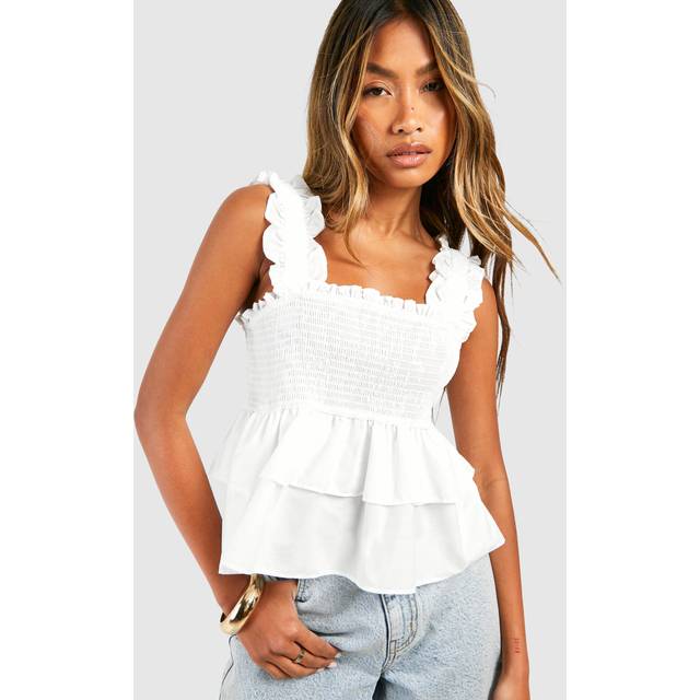 Womens Textured Ruffle Smock Top - White - 14, White