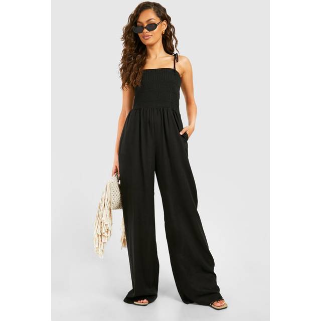 Womens Linen Look Shirred Bandeau Jumpsuit - Black - 8
