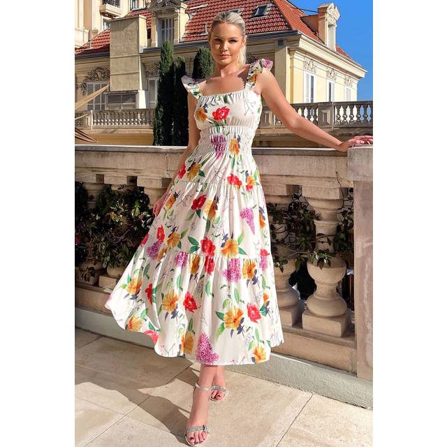 AX Paris Cream Floral Printed Frill Strap Midi Dress
