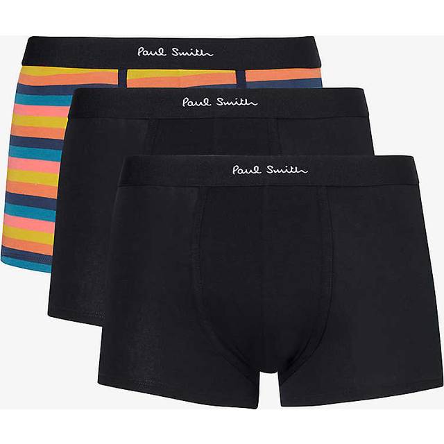 Paul Smith Mens Black Stripe-print Pack of Three Stretch-organic-cotton Trunks Xl - BLACK