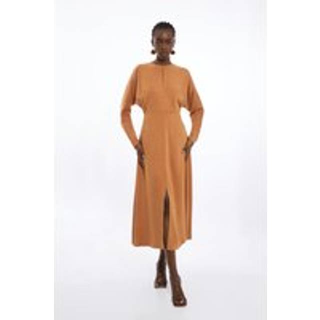 Premium Woven Viscose Crepe Long Sleeve Midi Dress - Neutral