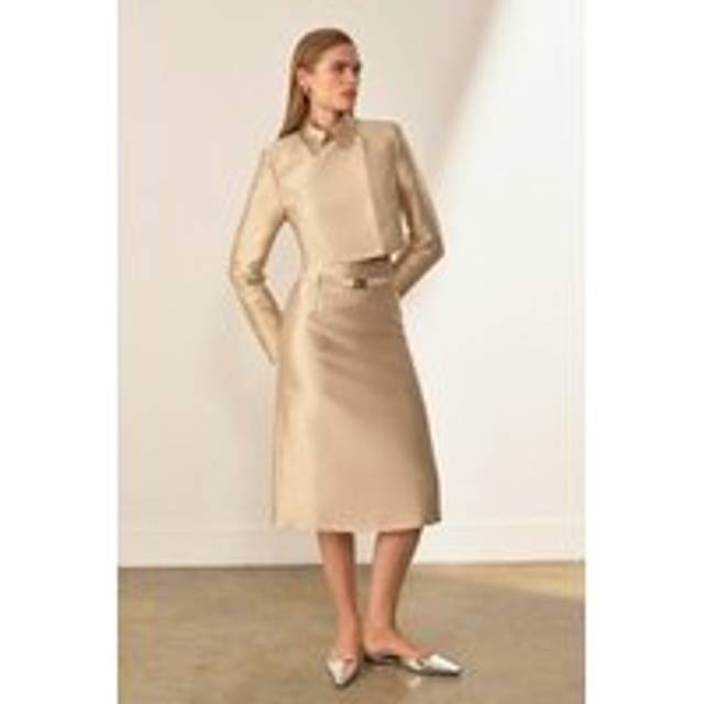 Satin Twill Belted Tailored Midi Skirt - Champagne