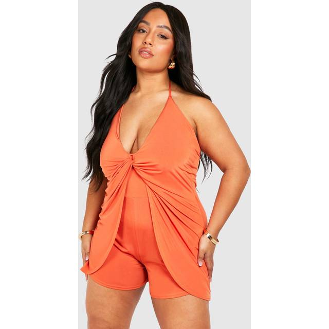 Womens Plus Slinky Knot Detail Strappy Playsuit - Orange - 26, Orange