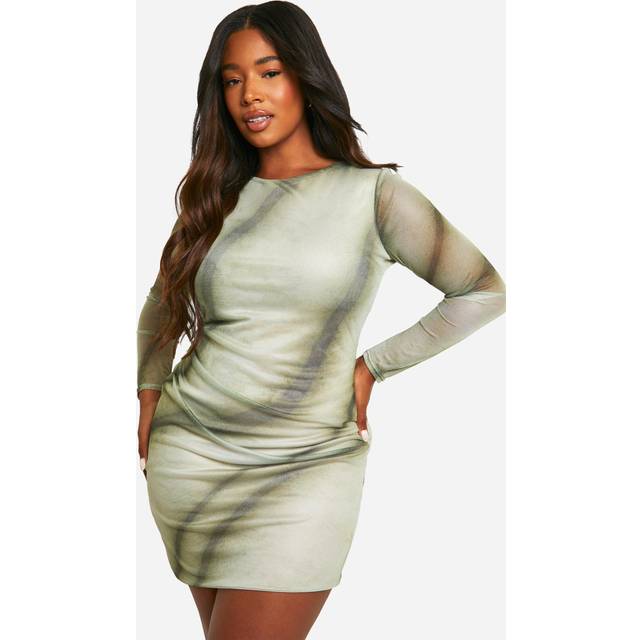Womens Plus Printed Mesh Ruched Bodycon Dress - Green - 24, Green