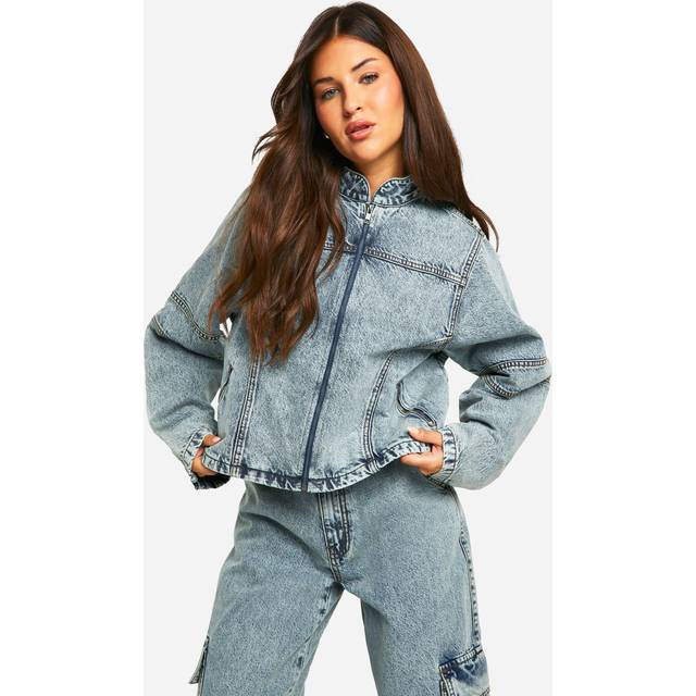 Womens Light Acid Wash Moto Biker Denim Jacket - Blue - 6, Blue
