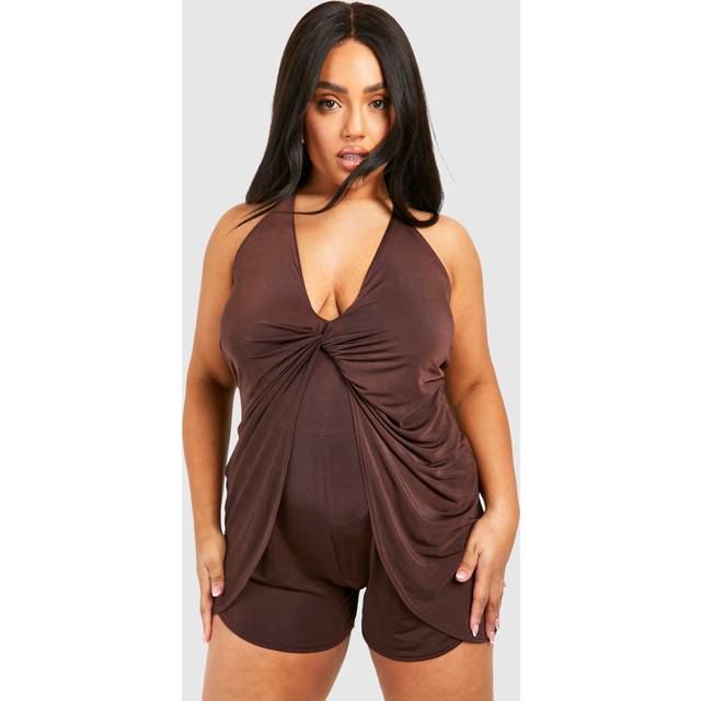 Womens Plus Slinky Knot Detail Strappy Playsuit - Brown - 24, Brown