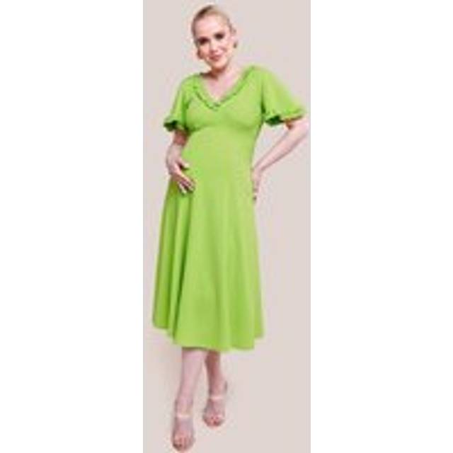 Goddiva Maternity Flare Sleeve Frill Edge Midi Dress - Lime Green - 18