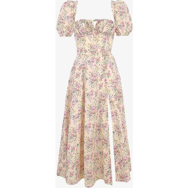 House of Cb Womens Lemon Floral Tallulah Puffed-sleeve Cotton-blend Midi Dress Xs
