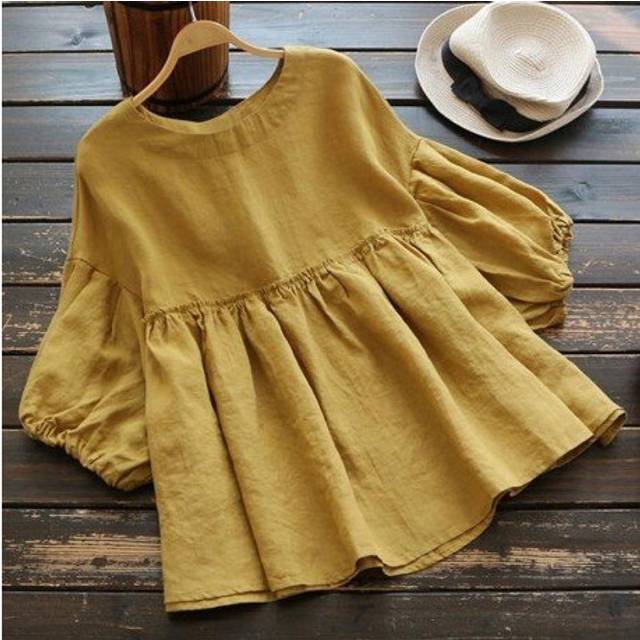(5XL, Black 1) Fashion Ruffle Blouse Summer Women's Tunic 2020 ZANZEA Vintage Casual Linen Tops Female 3/4 Lantern Sleeve Blusas Pleated Shirts