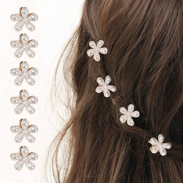 SHEIN 6pcs Faux Pearl Hair Claw Clip Set With Flower Design, Sweet Hair Accessory For Women And Girls Valentine&#39;s Day Valentines Hair Clips Hair Jaw Clip Ha