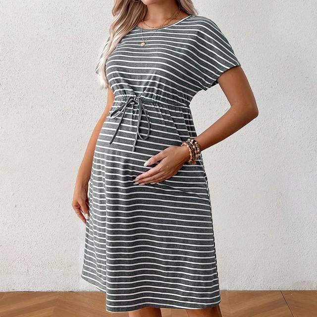 SHEIN Summer Fashionable Loose Striped Maternity Dress