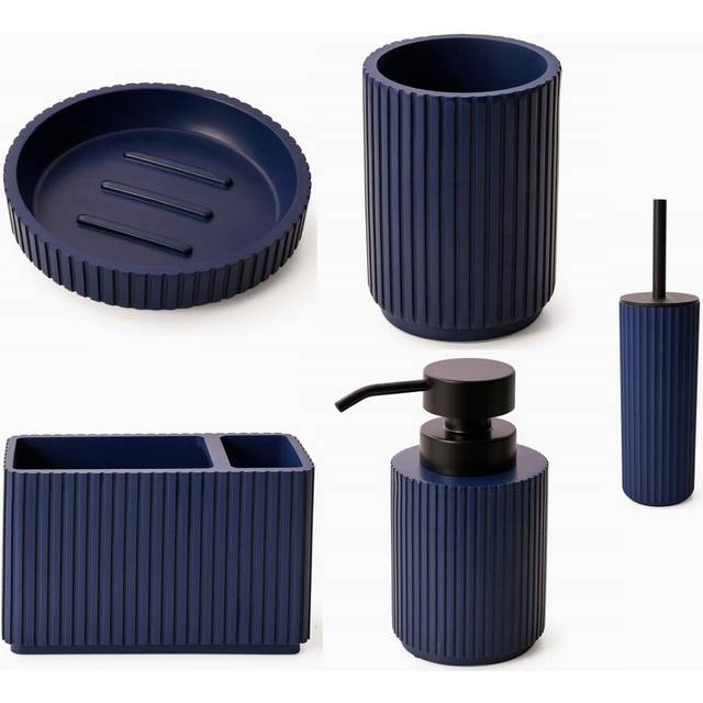(Blue, 5Pcs (Soap Dish, Toothbrush, Tumbler, Soap Dispenser, Toilet Brush & Bin)) Textured Edge Soft Resin Bathroom Accessories Set