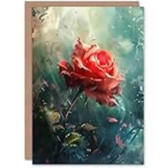 Single red rose flower morning mist painting greeting card birthday him her