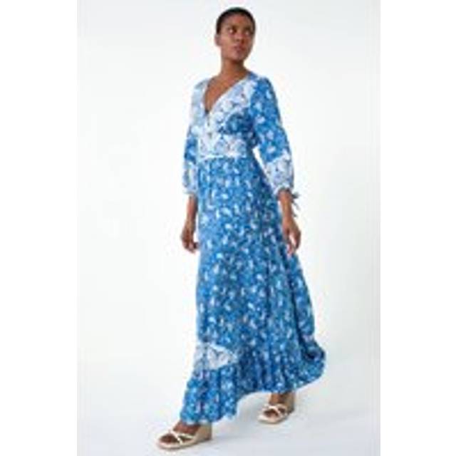 Roman Womens Paisley Print Frill Hem Maxi Dress - Blue - Size 10 UK