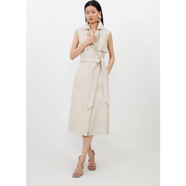 Leather Sleeveless Belted Storm Flap Detail Trench Coat - Neutral