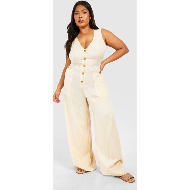 Womens Plus Woven Tailored Button Down Jumpsuit - Beige - 24, Beige