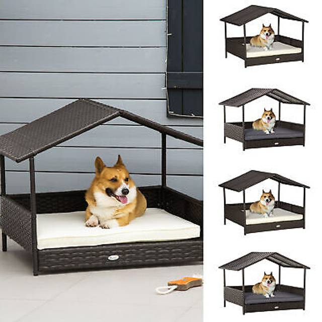 Wicker Dog House, Rattan Pet Bed With Soft Cushion, Canopy, Cat House