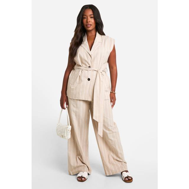 Womens Plus Stripe Linen Look Elasticated Trouser - Cream - 16, Cream