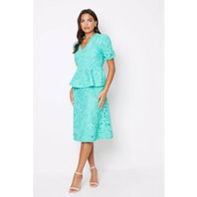 V Neck Puff Sleeve Lace Midi Wedding Guest Dress - Green - 10