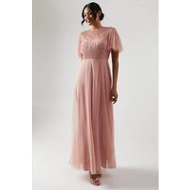 Ombre Embellished Angel Sleeve Bridesmaids Dress - Pink - 12