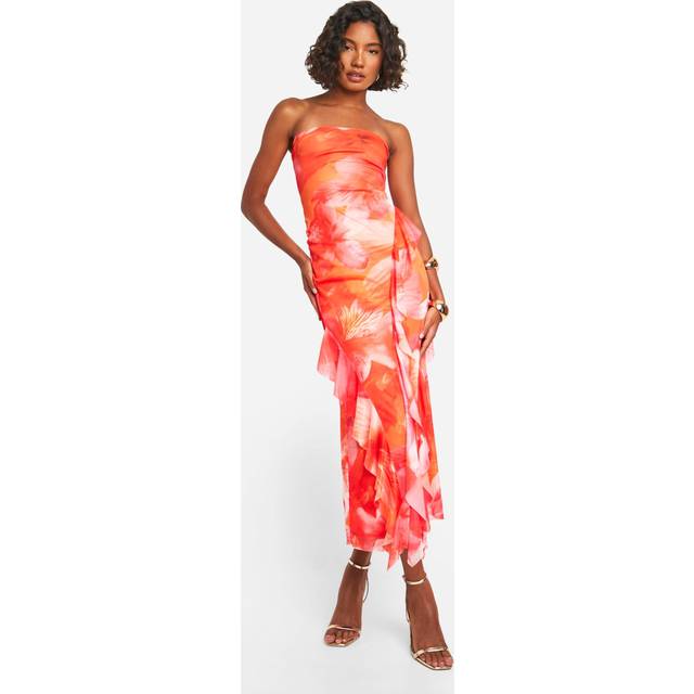 Womens Tall Bright Floral Mesh Ruffle Midaxi Dress - Orange - 14, Orange