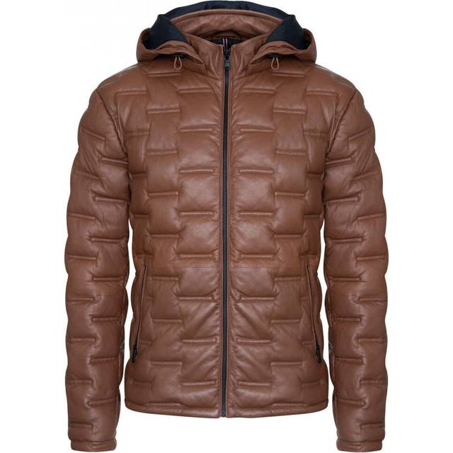 Infinity Leather Mens Hooded Puffer Quilted Bomber Jacket - Belem - Tan Lamb Leather - Size 5XL