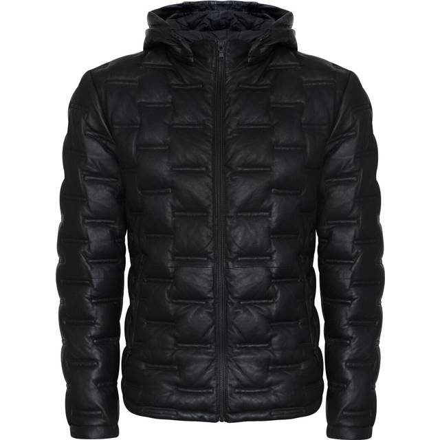Men's puffer leather biker jacket black quilted warm bomber hooded jacket