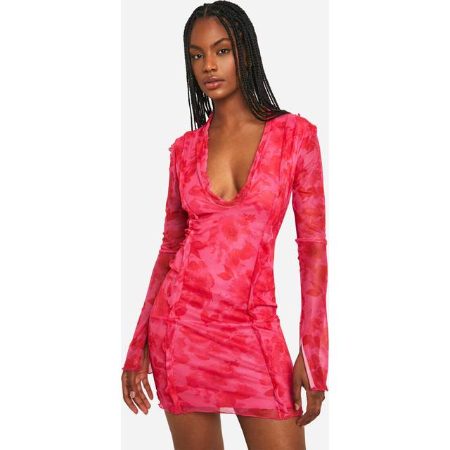 Womens Tall Floral Mesh Frill Mini Dress - Pink - 14, Pink