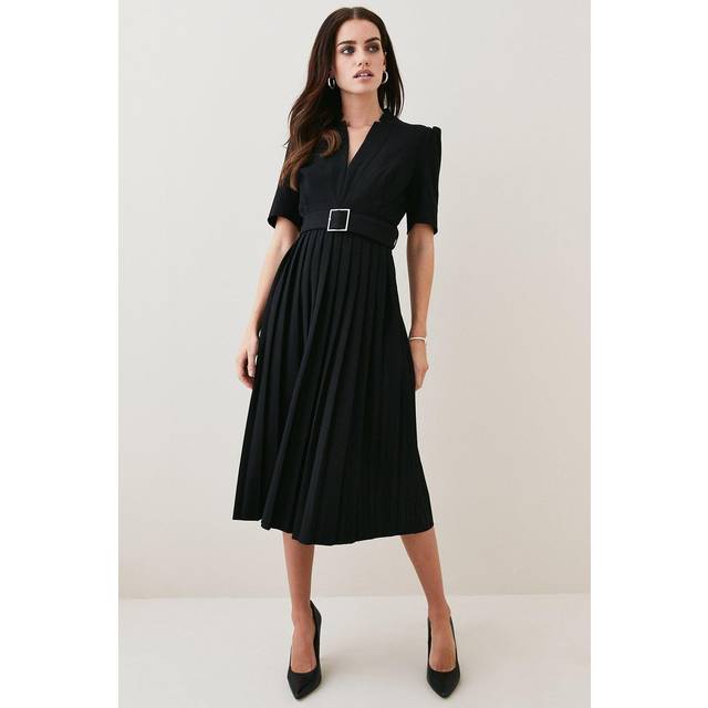 Petite Tailored Structured Crepe Forever Pleat Midi Dress - Black