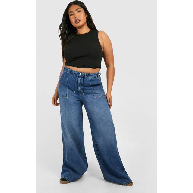 Womens Plus Elasticated Waistband Wide Leg Jeans - Blue - 28