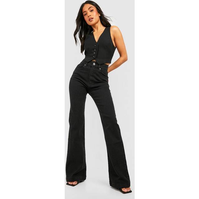 Womens Petite 30 inch Leg High Waist Flared Leg Jean - Black - 10