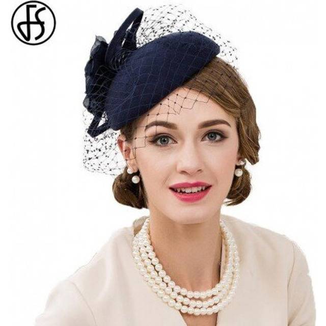 (Black) FS Royal Blue Ladies Wedding Felt Hat Flower 100% Wool Pillbox Hats Veil Fascinators For Women Elegant Black Church Derby Fedora
