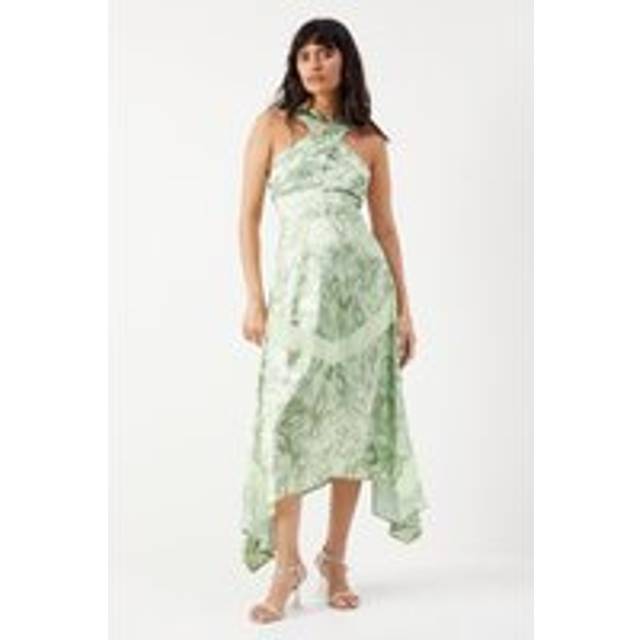 Womens Snake Print Satin Cross Front Chiffon Insert Hanky Hem Midi Dress - Green - 14