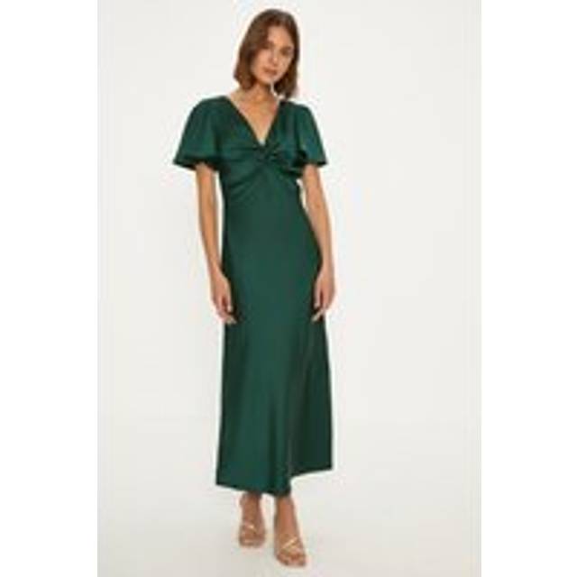 Oasis womens bridesmaid dress emerald satin twist front angel sleeve midi