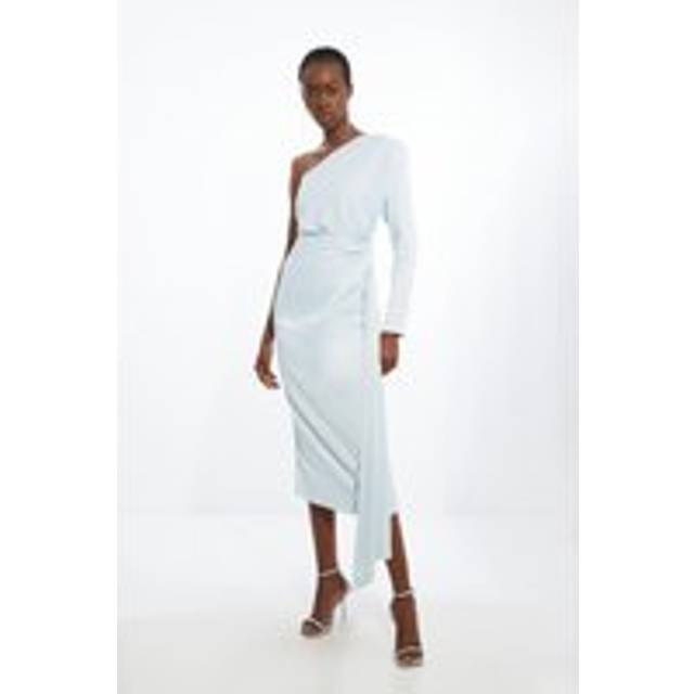 Satin Back Crepe One Shoulder Drape Midi Dress - Pale Blue