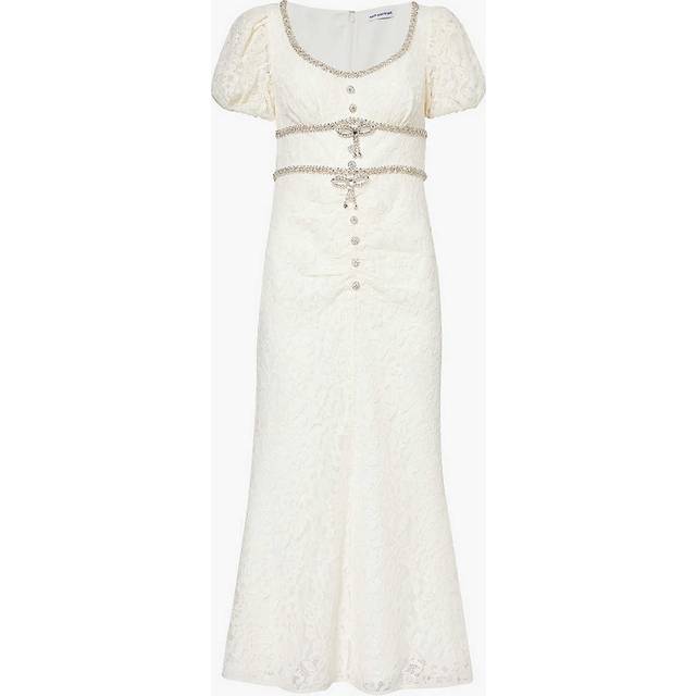 Self-portrait Womens Cream Crystal-embellished Puff-sleeve Lace Midi Dress 8 - CREAM
