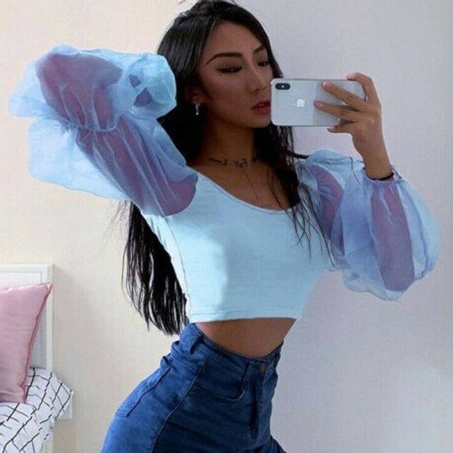 (S, C) Women Slim Fit Casual Cropped Tops Sheer Low cut Spliced Casual Shirts Mesh Puff Sleeve Crop Top Stylish Blouse