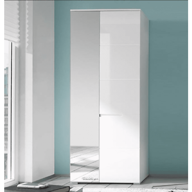 Wardrobe White Gloss Tall Slim Mirrored Wardrobe With 1 Pullout Rail & shelves