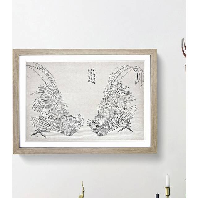 Two Roosters by Katsushika Hokusai - Picture Frame Drawing Print - Oak Framed (36cm H x 48cm W x 2cm D)
