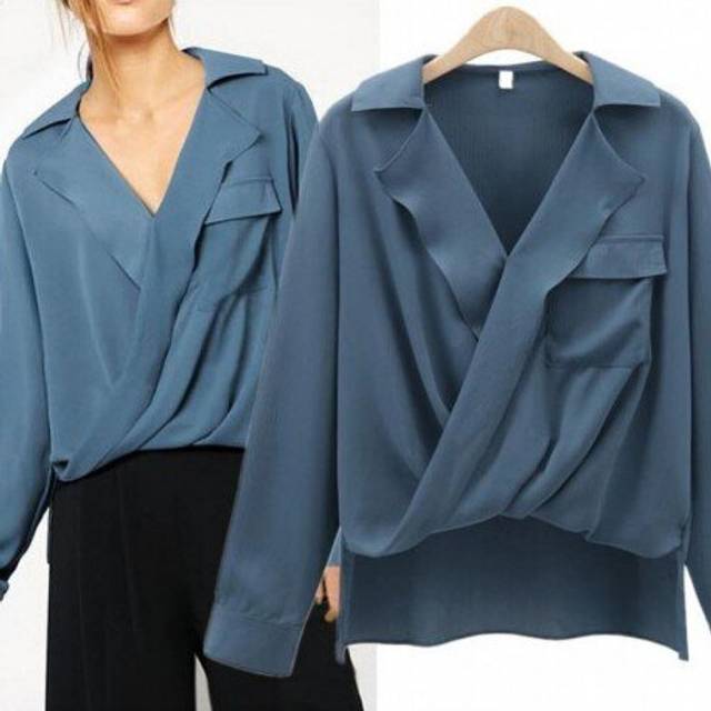 (XL, Navy Blue) V Neck Tops Blouses Casual 2017 Shirts Women Long Sleeve loose Blouse