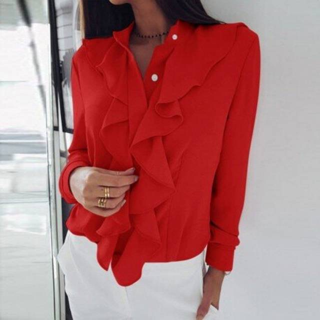 (2XL, Red) Blouse Women Long Sleeve Blouse Ruffle Front Shirt Ladies Office Plus Size Womens Tops And Blouse sropa mujer Ð±Ð»ÑÐ·ÐºÐ° Ð¶ÐµÐ½ÑÐºÐ°Ñ