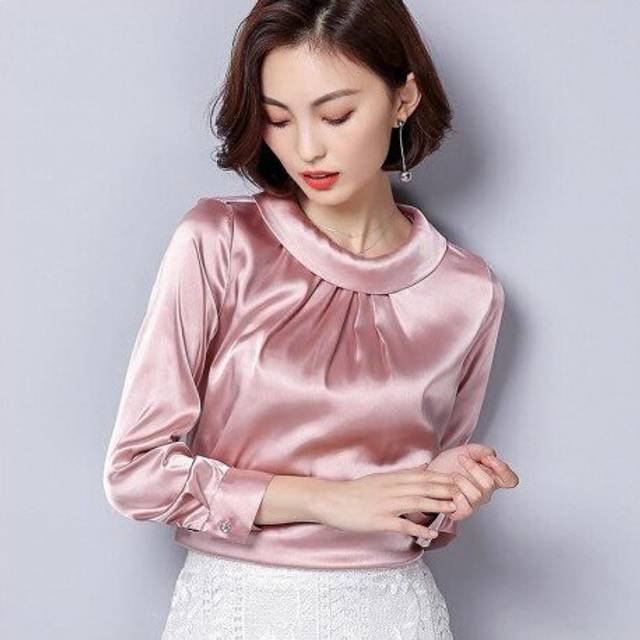 (L, Army Green) BIBOYAMALL Women Blouses Spring Casual Silk Blouse Loose Long Sleeve OL Work Wear Blusas Feminina Tops Shirts Plus Size XXXL Top
