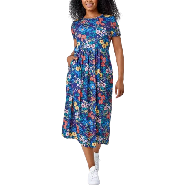 Petite Floral Print Midi Stretch Dress - Navy - Size 8 - Roman