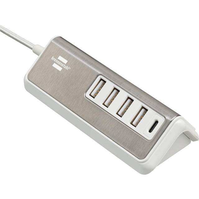 brennenstuhl®estilo USB-laddare med snabbladdningsfunktion/USB-laddningsstation för flera USB-laddningar med 1,5 m textilkabel (4x USB-A-laddningsuttag och 1x Power Delivery-laddningsuttag), vit