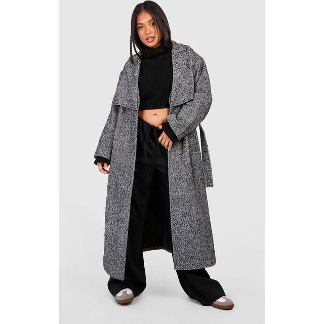 Womens Petite Herringbone Belted Wool Trench Coat - Grey - 14