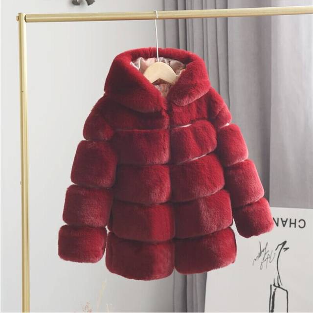 (Burgundy, 5-6 Years) Kids Girls Rabbit Fur Coat Padded Winter Jackets