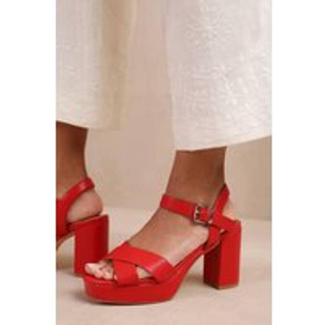 Womens 'Marcia' Wide Fit Statement Platform Strappy Block High Heels Shoes - Red - 6E