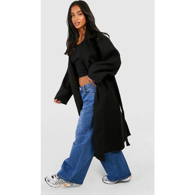 Womens Petite Oversized Belted Button Through Wool Look Coat - Black - 16